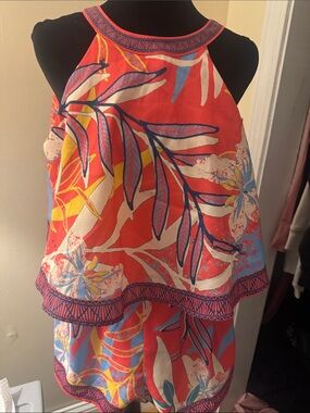 Flying Tomato Bright Coral Halter Romper with Multicolor Floral Print